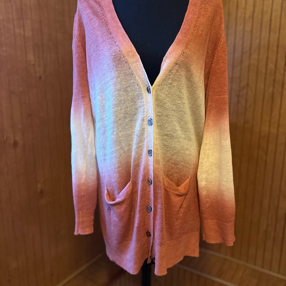 100% Linen Gradient, Ombre, Dip-Dye Cardigan Sweater - Orange and Cream